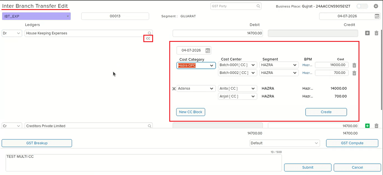 IBT entry showing 2 Cost Centre blocks