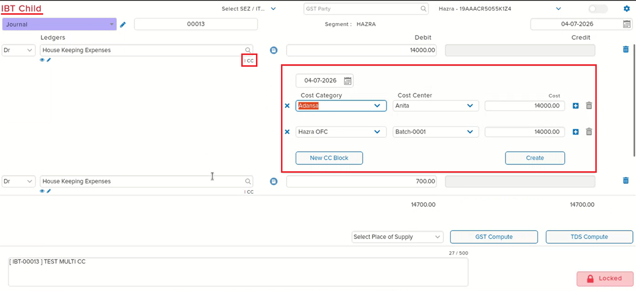 Child entry showing correct Cost Centre block after fix