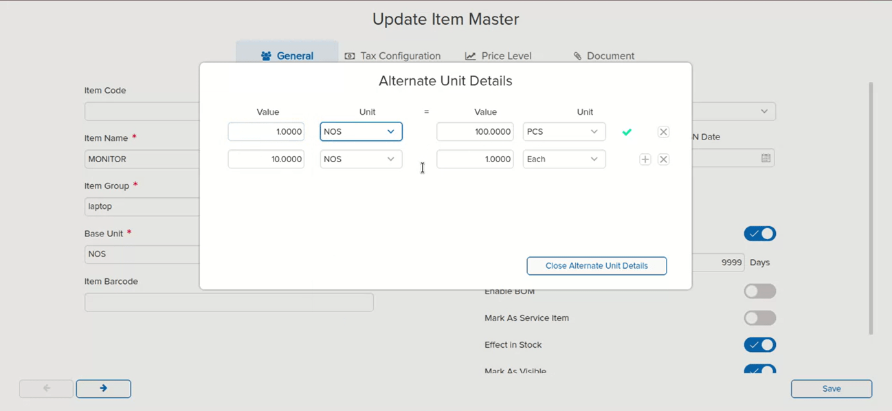 Alt Unit edit blocked in Item Master when transaction exists