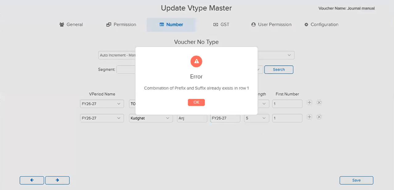Duplicate prefix suffix restricted within same voucher type after fix