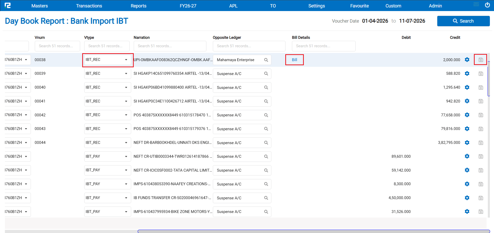 Bank Import IBT Day Book screen overview