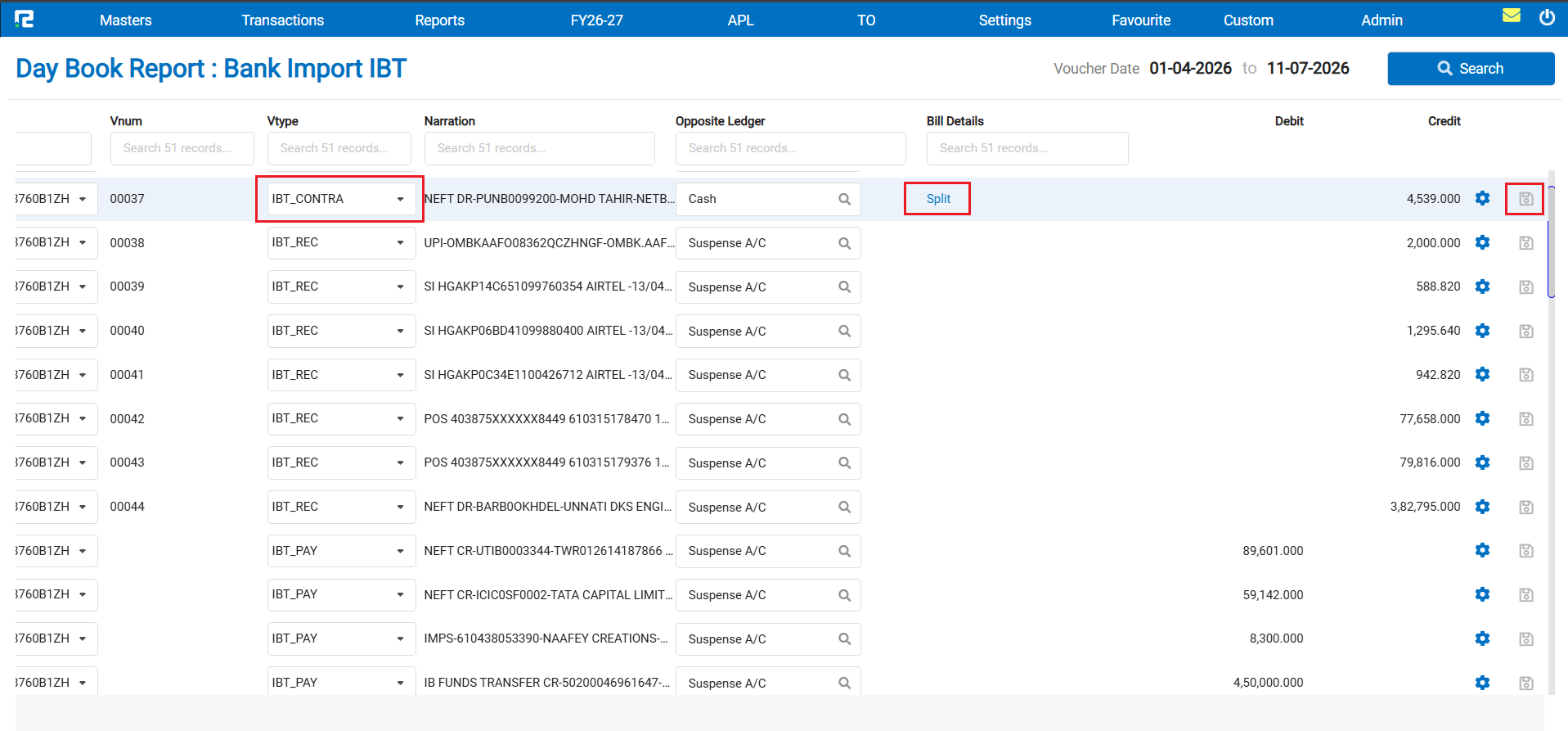 Vtype auto-changes to IBT Contra when Cash/Bank ledger selected