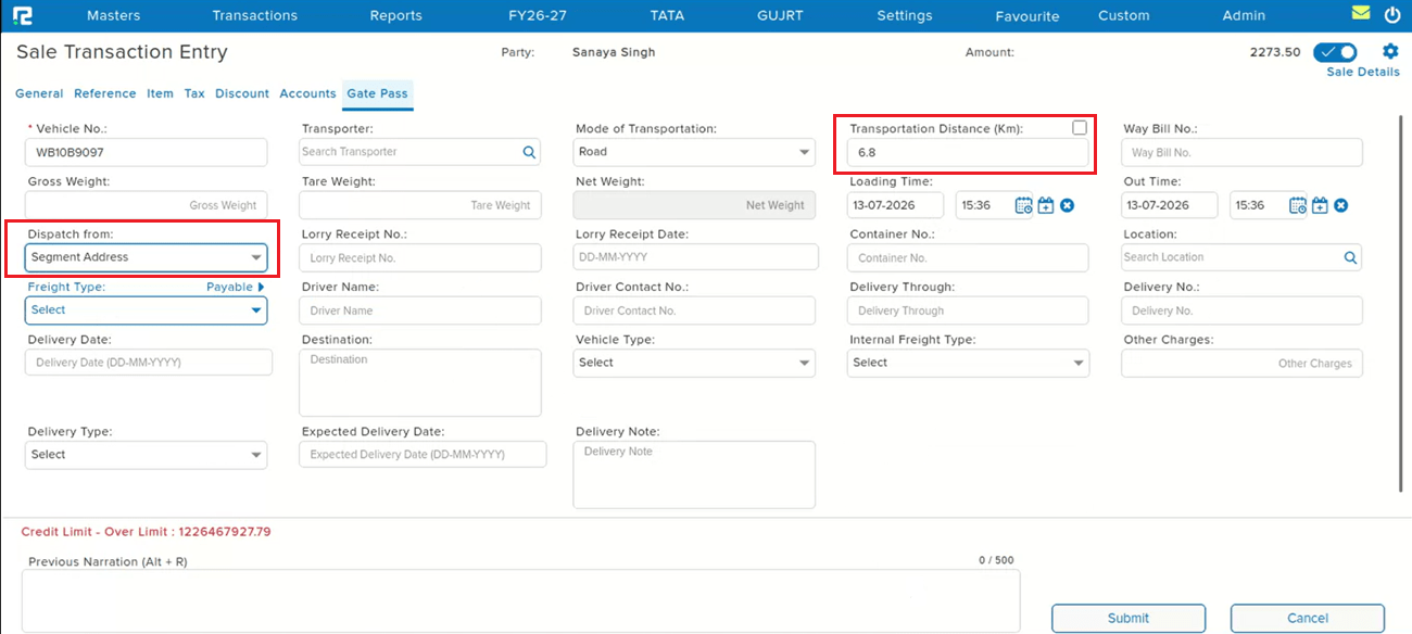 Transportation Distance correctly calculated in Gate Pass with Dispatch from Segment Address