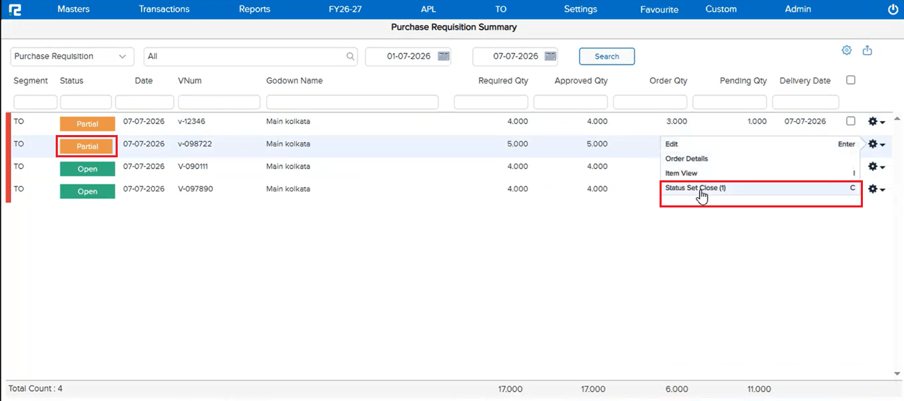 Purchase Requisition with Partial status in edit mode