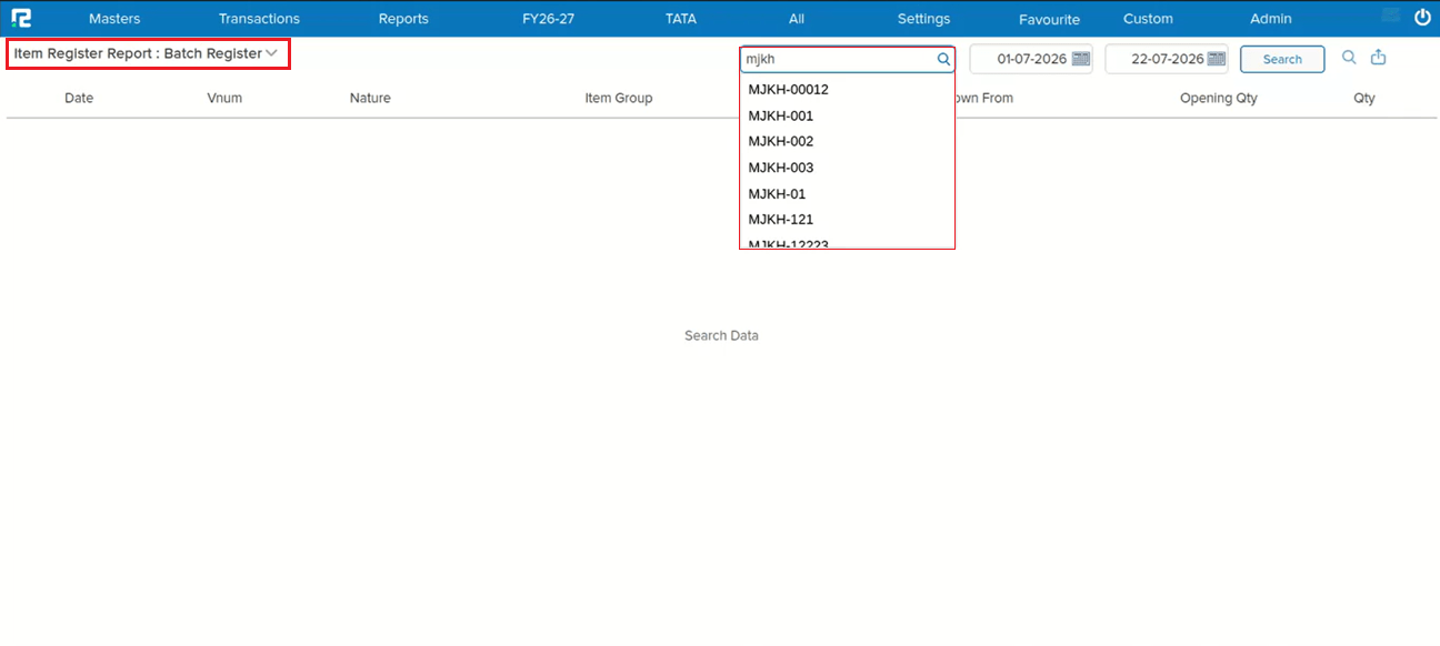 Item Register Report Batch Register search field with matching batch numbers