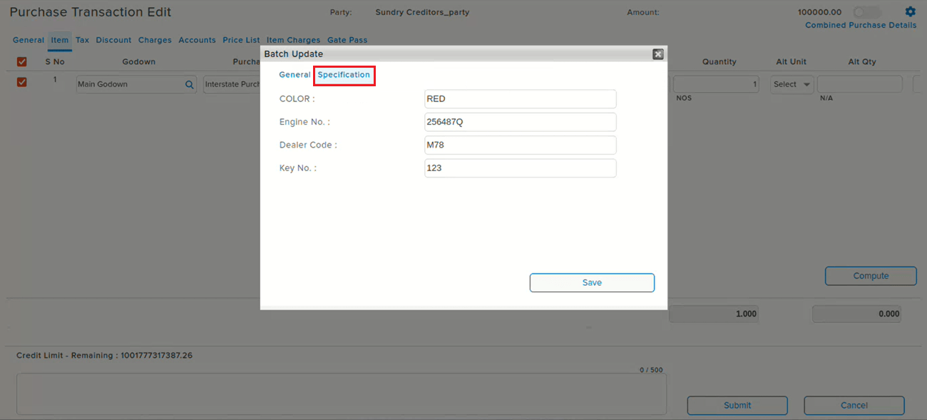 Batch Specification shown in Purchase Transaction Edit