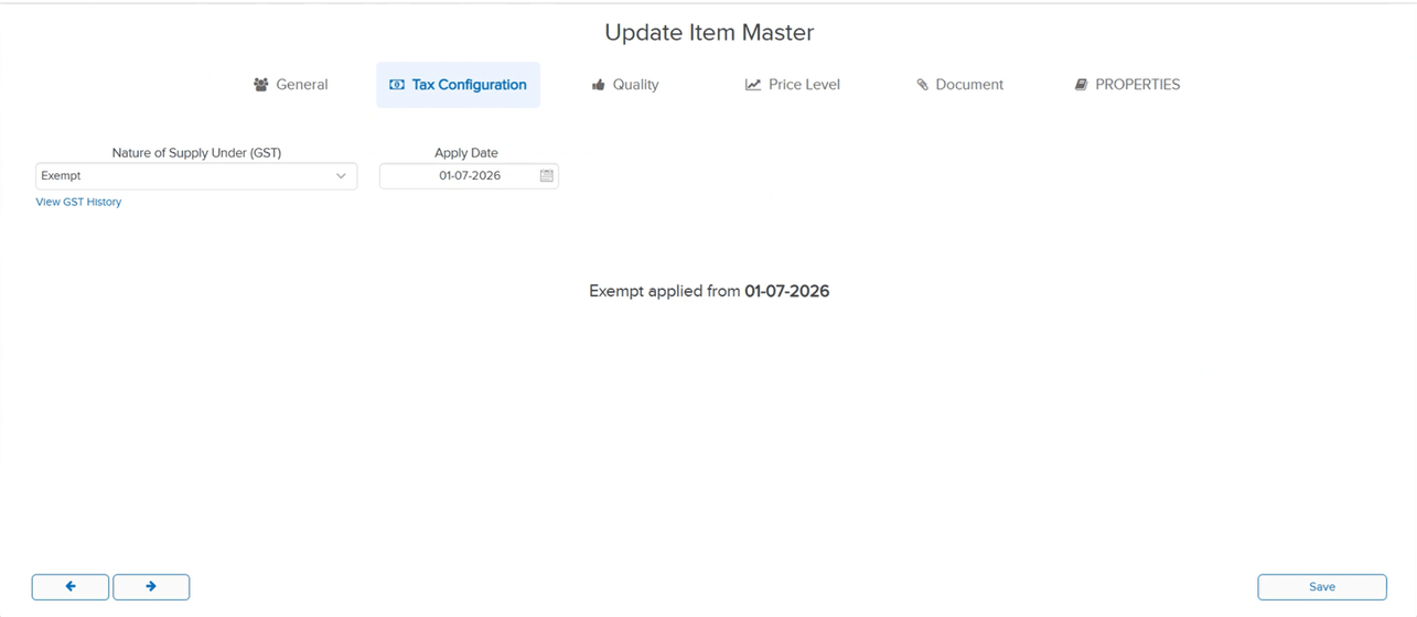 Item master tax configuration showing item taxable till 30-06-2026 and exempt from 01-07-2026