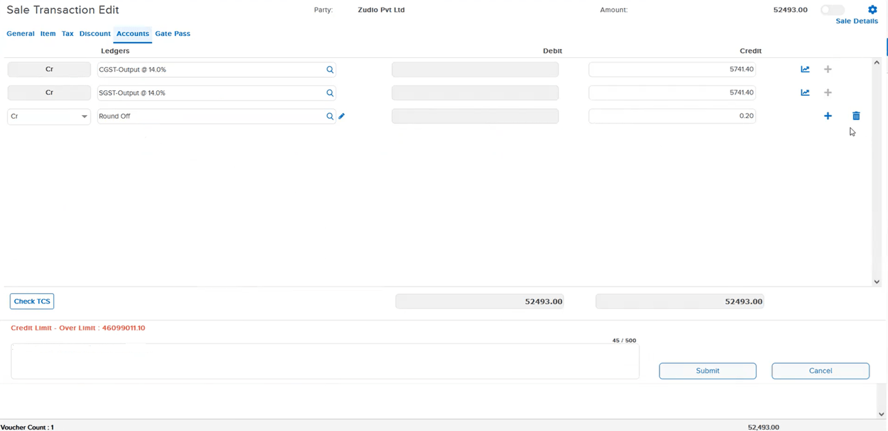Tax amount and ledger correctly shown in Sale Edit Accounts Tab