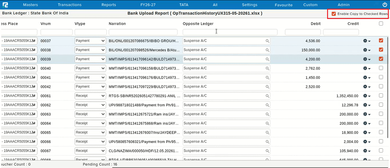 Bank statement entries posted to the Suspense Account