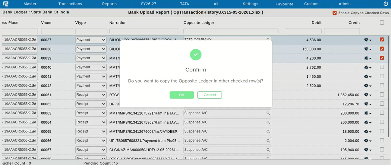 Option to replace the Suspense Account with the correct ledger in bulk