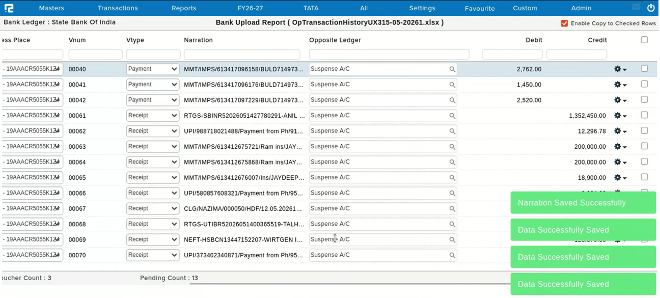 Suspense Account entries bulk-updated to the correct ledger