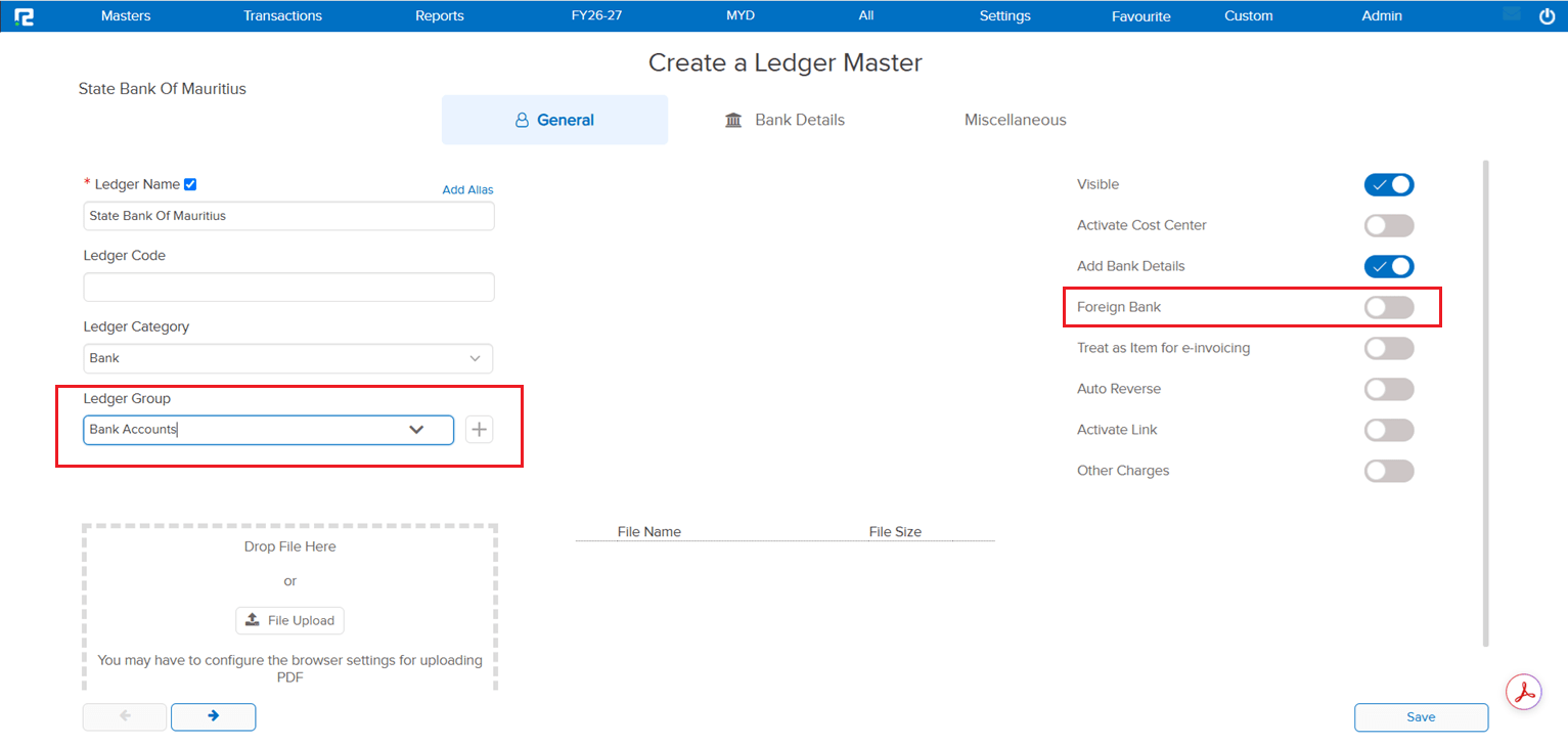 Foreign Bank pop-up option displayed for a Bank Ledger grouped under Bank Account