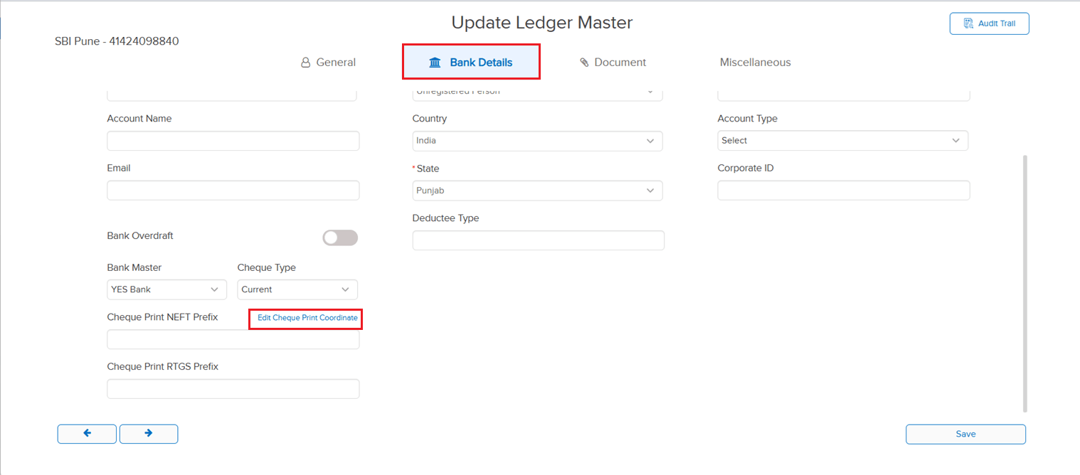 Update Ledger Master Bank Details tab with Edit Cheque Print Coordinate link