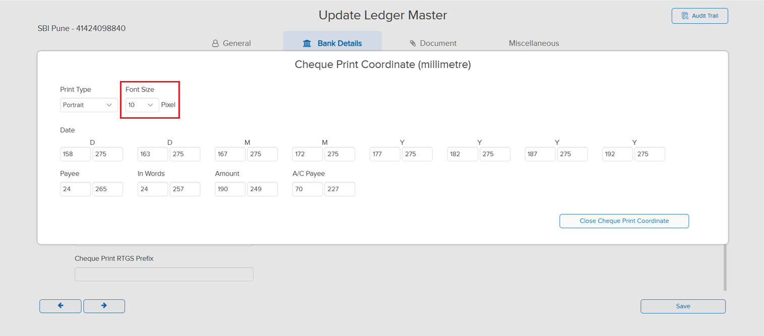 Cheque Print Coordinate popup with Font Size dropdown field