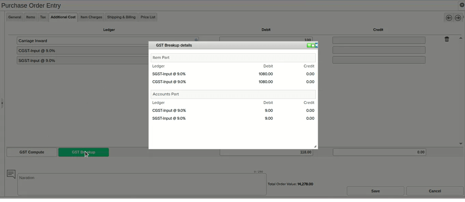 Purchase Order Entry GST Breakup details showing tax computed on both Item Part and Accounts Part ledgers