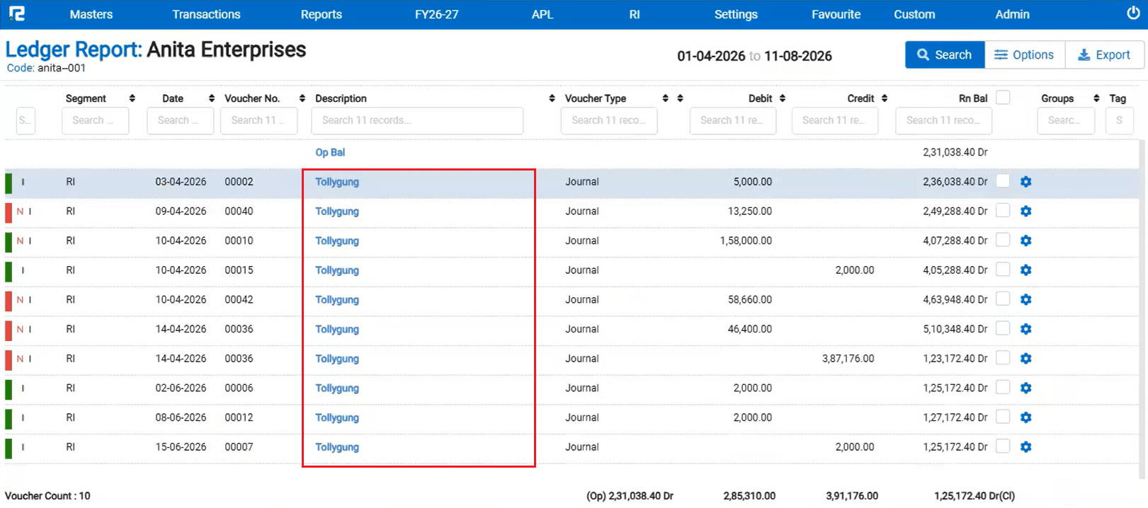 Ledger Report showing original branch ledger name before Replace Branch Ledger is enabled