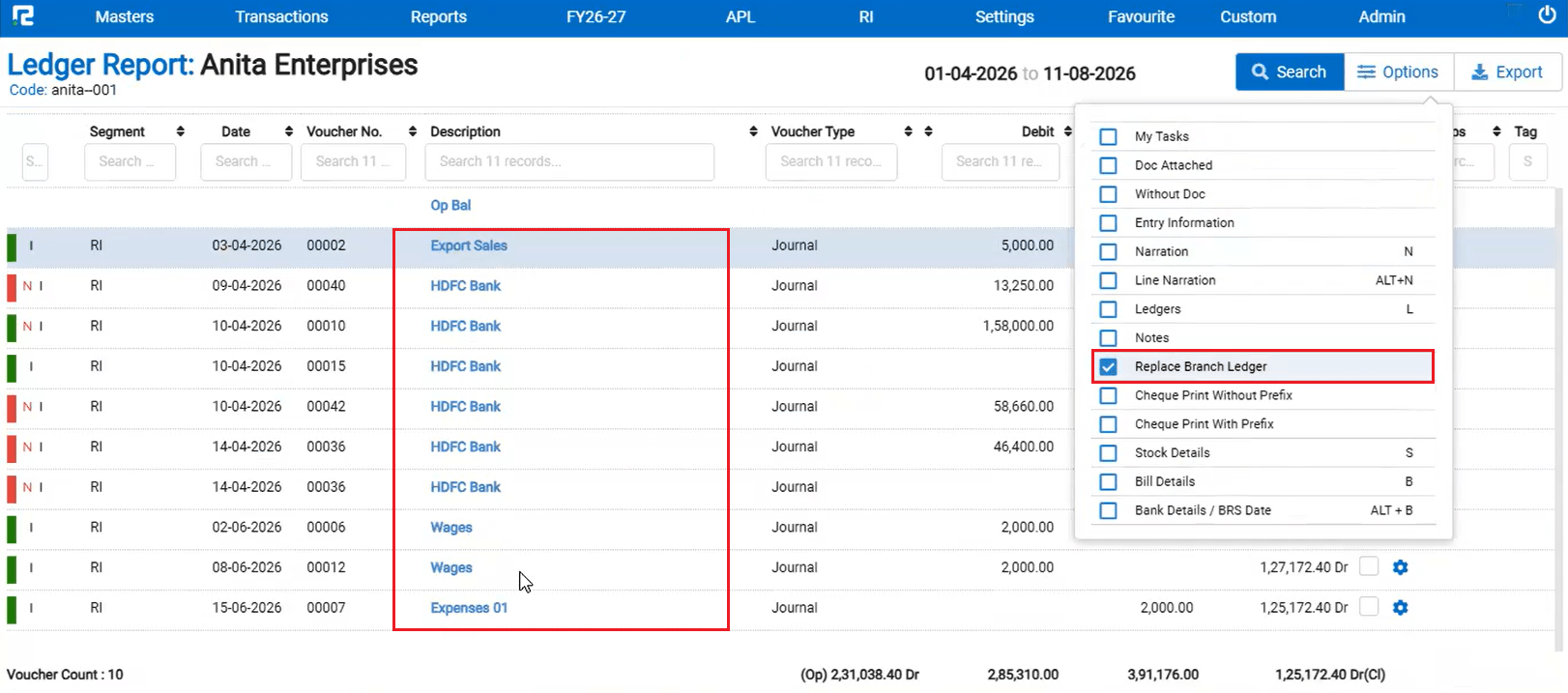 Ledger Report Options with Replace Branch Ledger enabled showing replaced ledger names in the UI