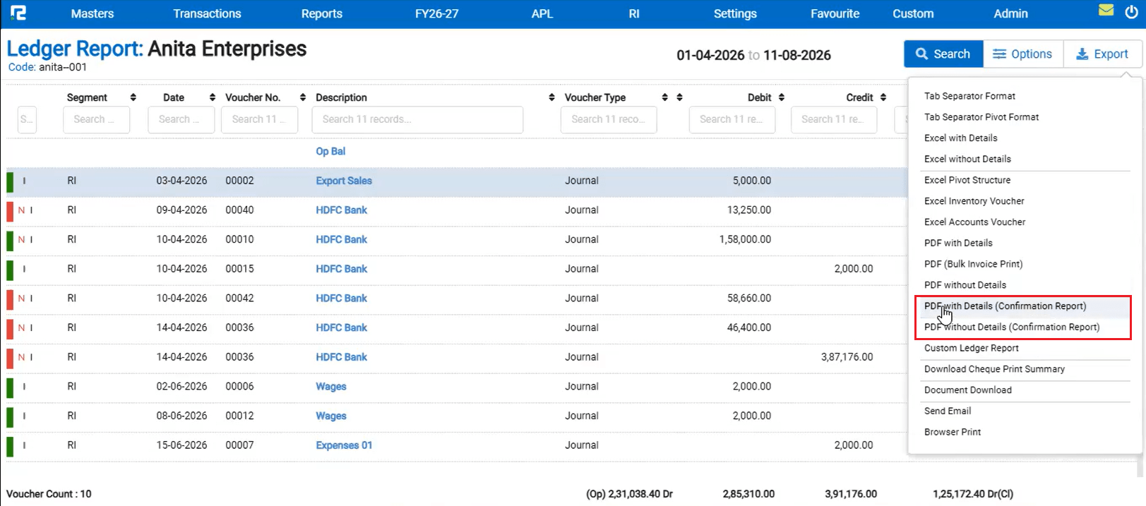 Ledger Report export menu highlighting PDF with Details and PDF without Details Confirmation Report options
