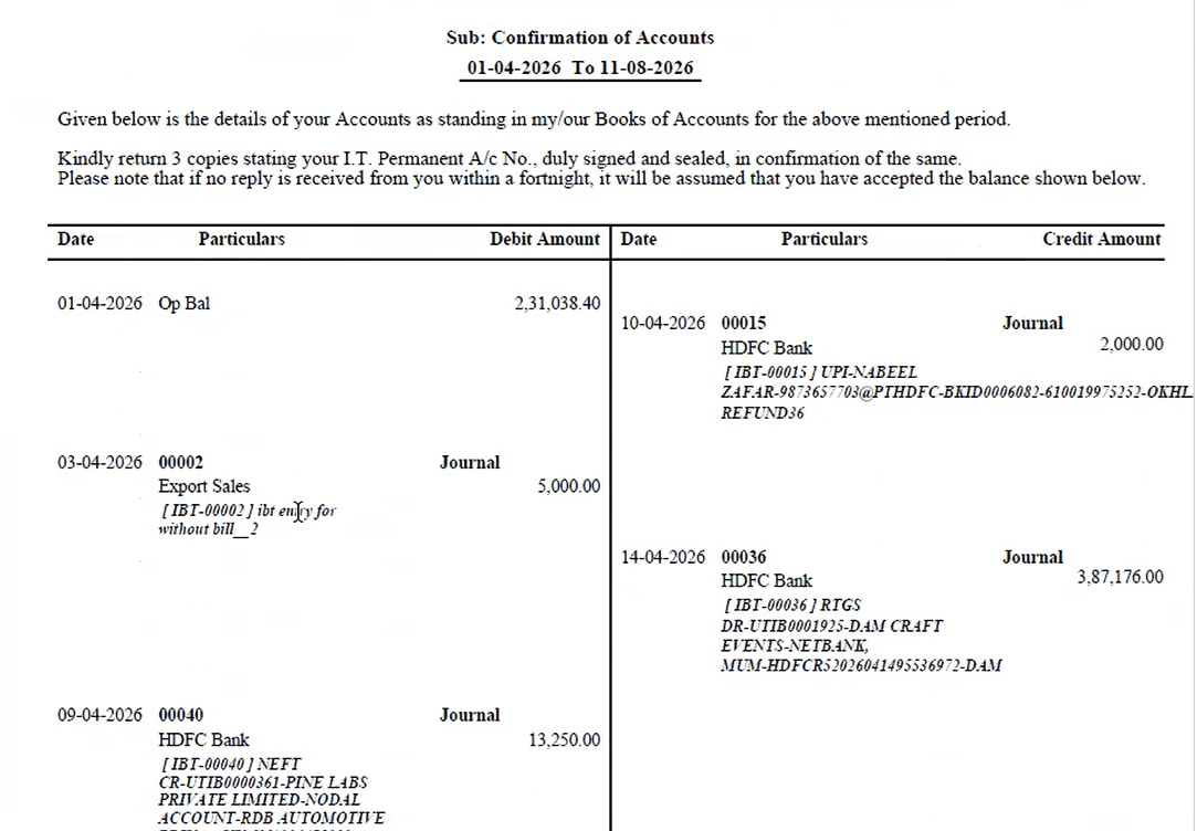 Exported Confirmation Report PDF correctly showing the replaced branch ledger names