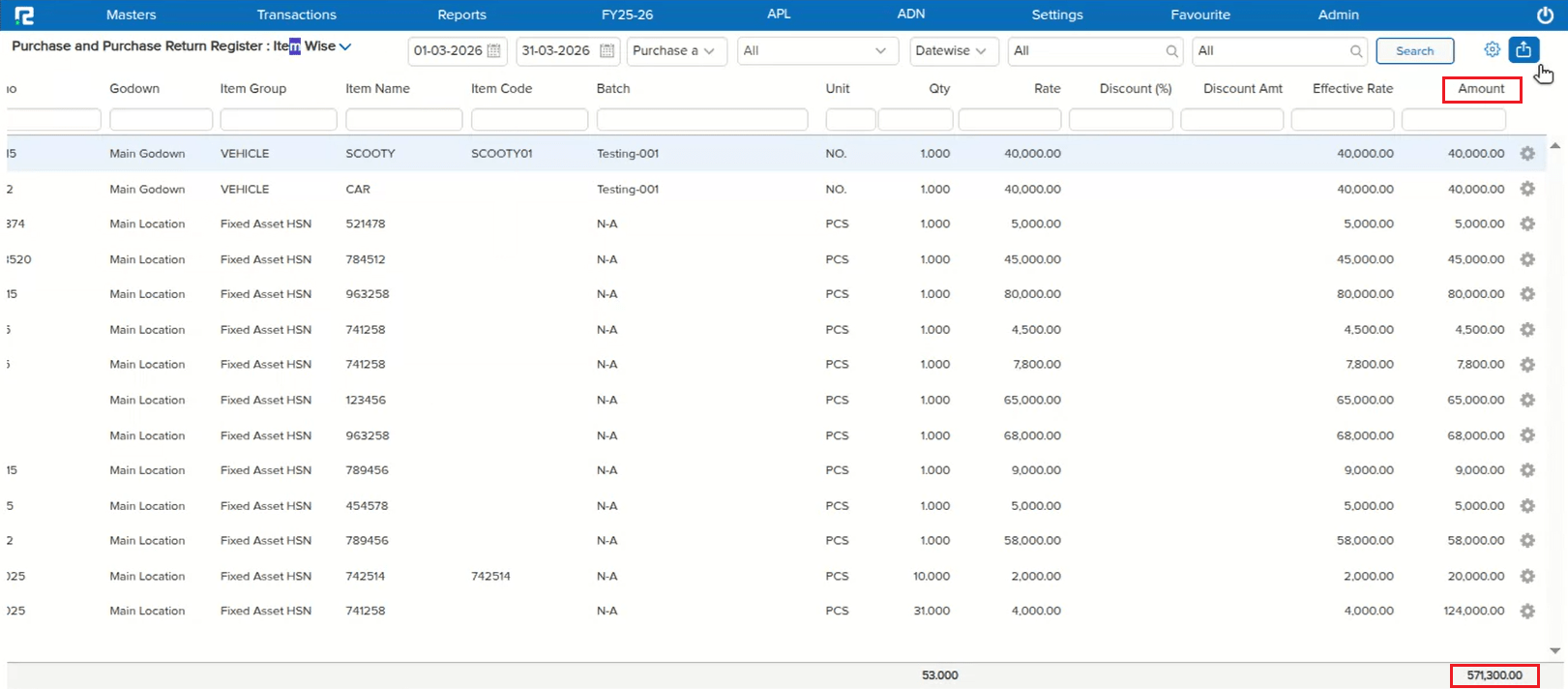 Purchase and Purchase Return Register Item Wise showing Effective Rate and Amount as separate columns on screen
