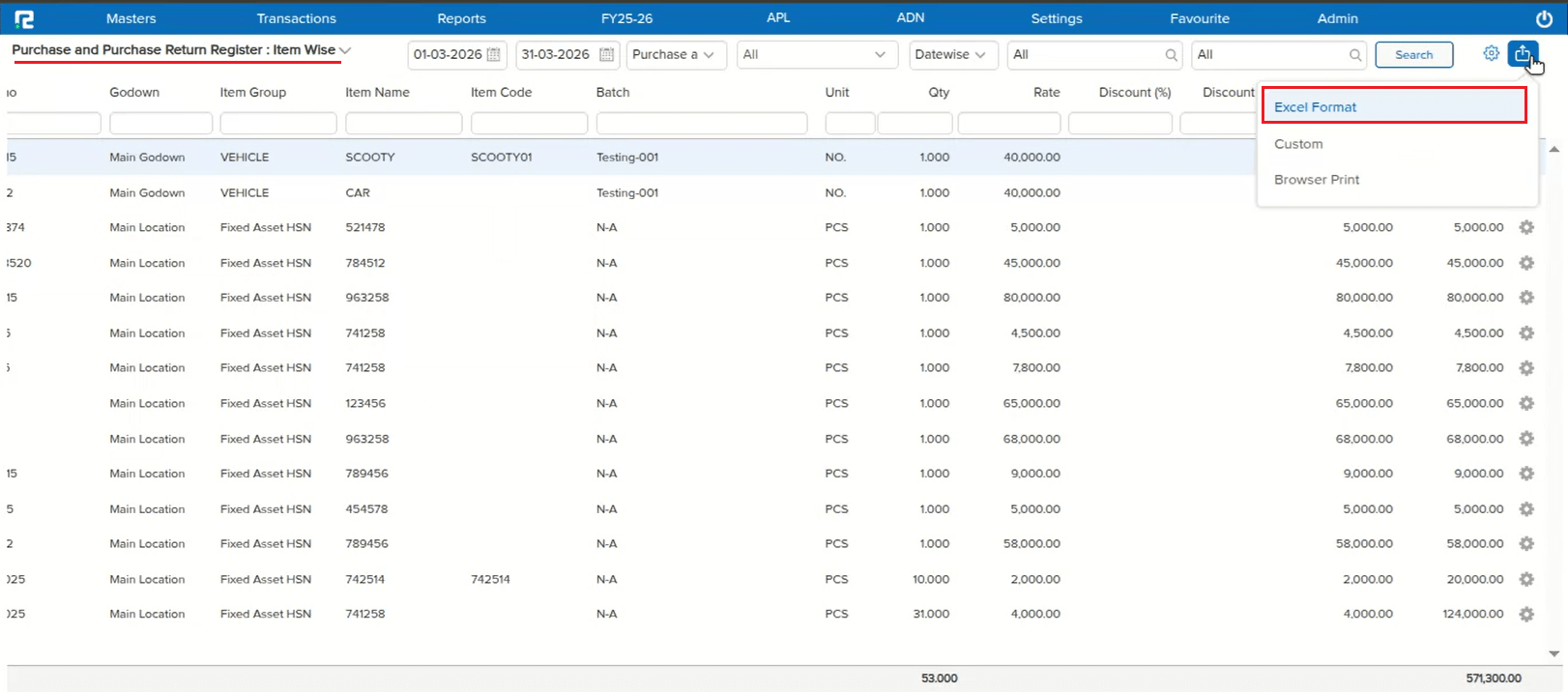 Purchase and Purchase Return Register export menu with Excel Format, Custom, and Browser Print options
