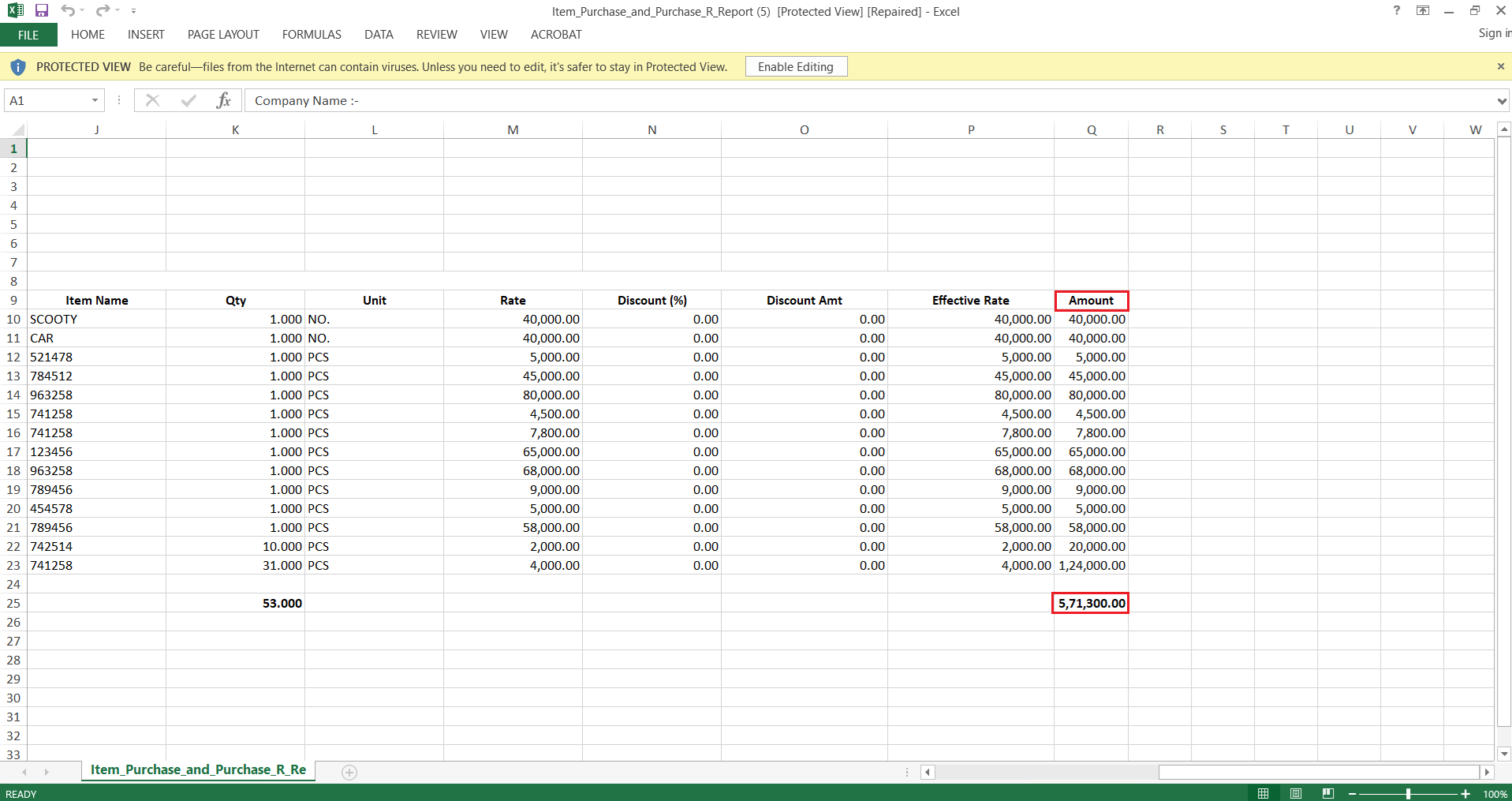 Exported Excel file showing correctly labeled Effective Rate and Amount column headers matching the underlying data