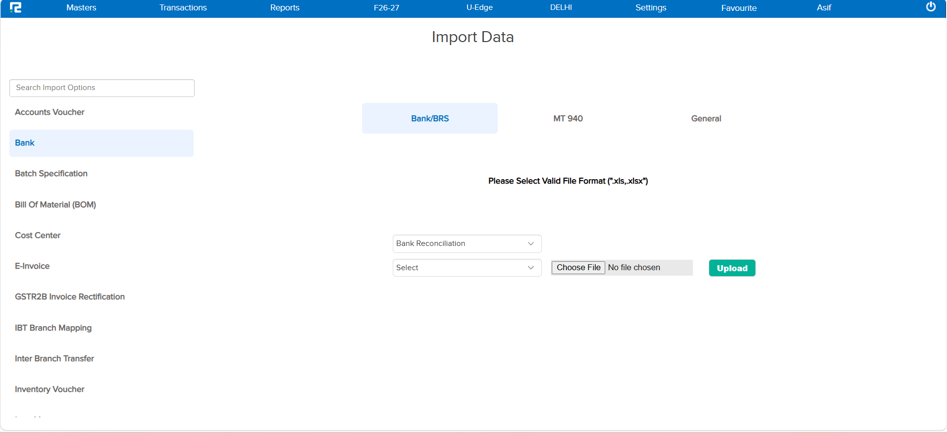 Import Upload screen after with vertical navigation panel, search field and alphabetical import options