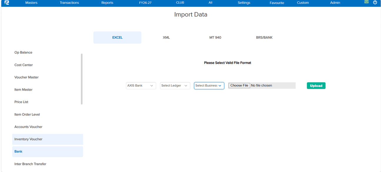Import Upload screen before with horizontal tabs and Bank dropdown