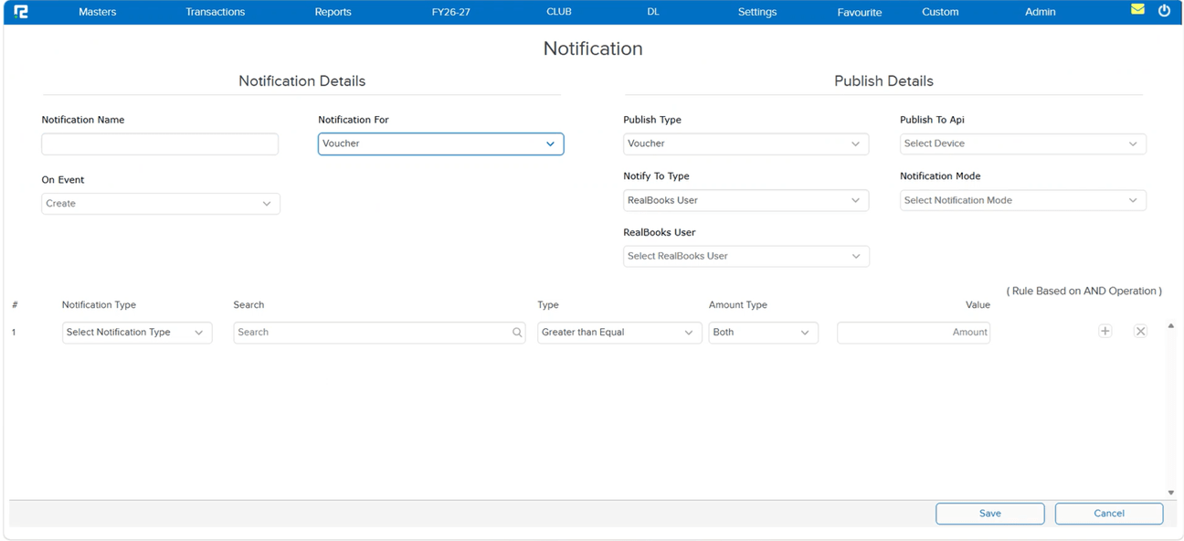 Notification Master after redesign with reordered fields and multi-select dropdowns