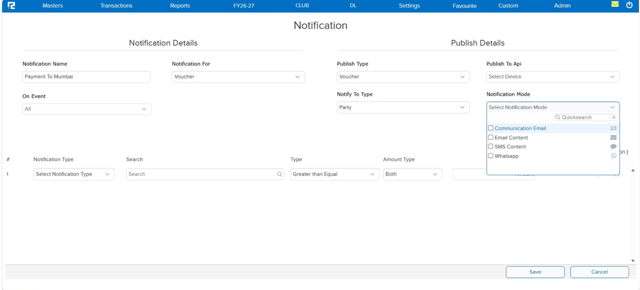 Notification Master On Event multi-select dropdown supporting multiple events