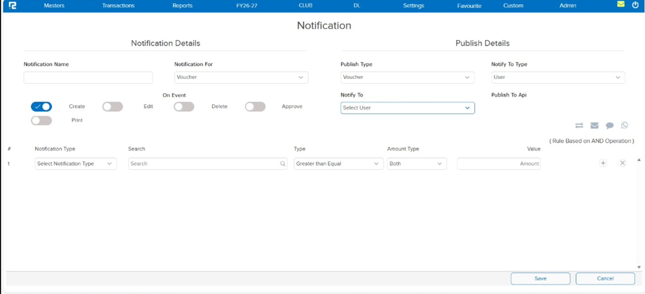 Notification Master screen before redesign