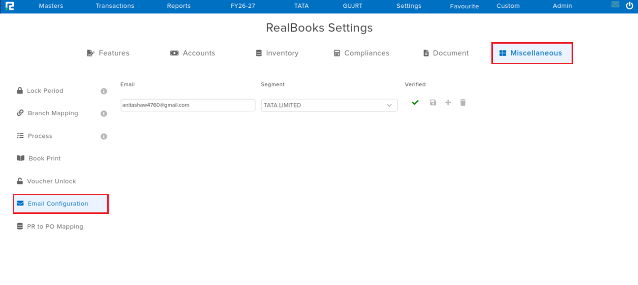 Settings screen after with irrelevant verification fields removed