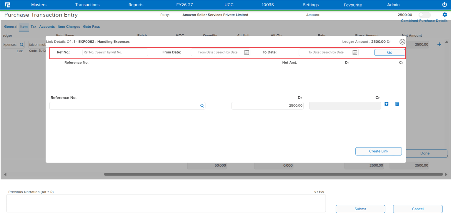 Link Details pop-up with From Date and To Date filter to search links for a period