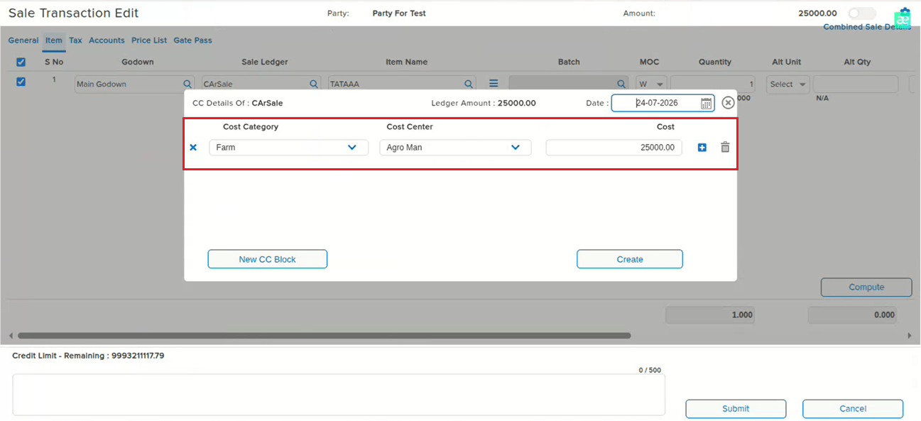 Sale Transaction Edit CC Details popup showing Cost Category and Cost Center correctly populated