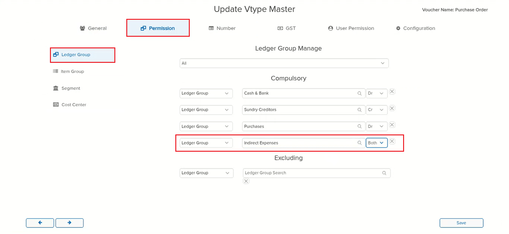 VType Master Permission Ledger Group with Indirect Expenses marked Compulsory and Both