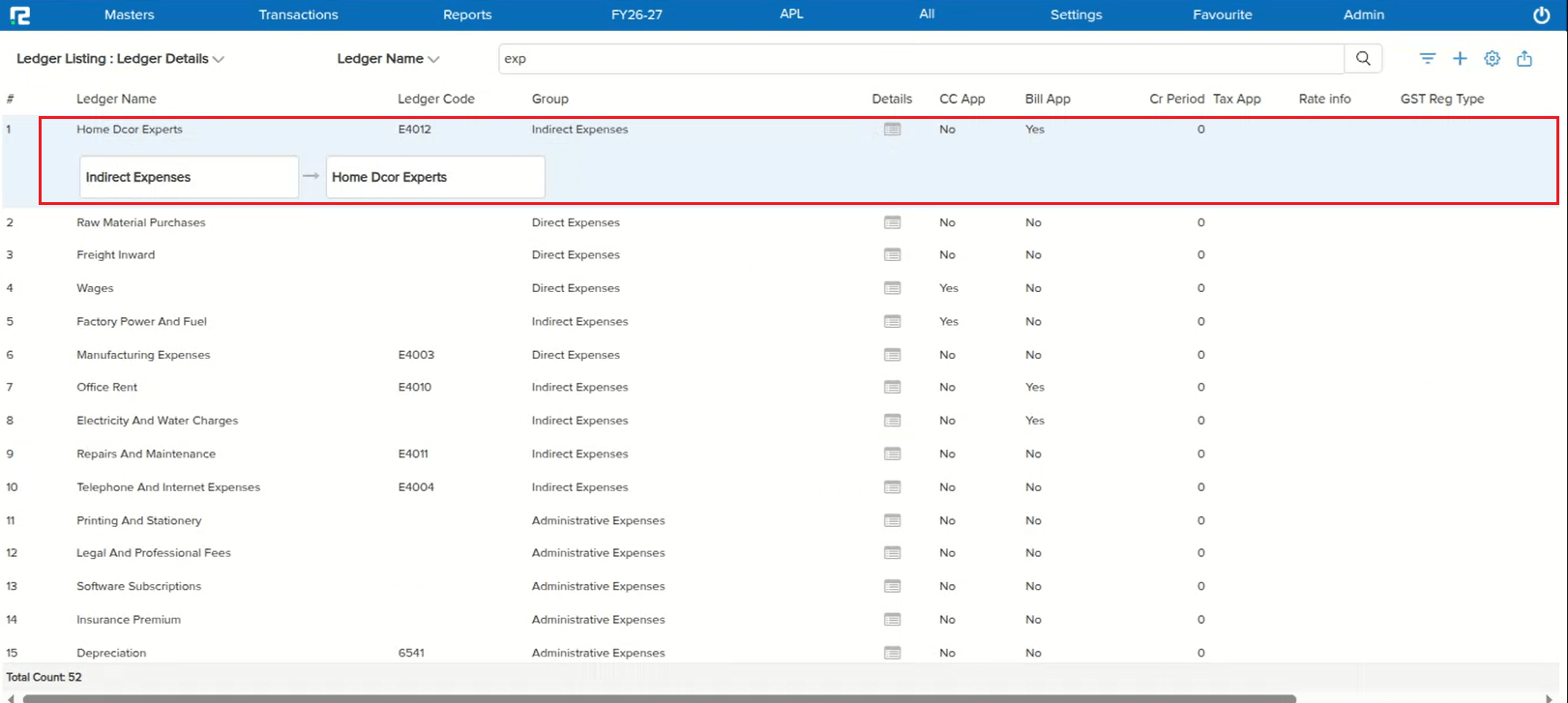 Ledger Listing confirming Home Dcor Experts ledger is grouped under Indirect Expenses