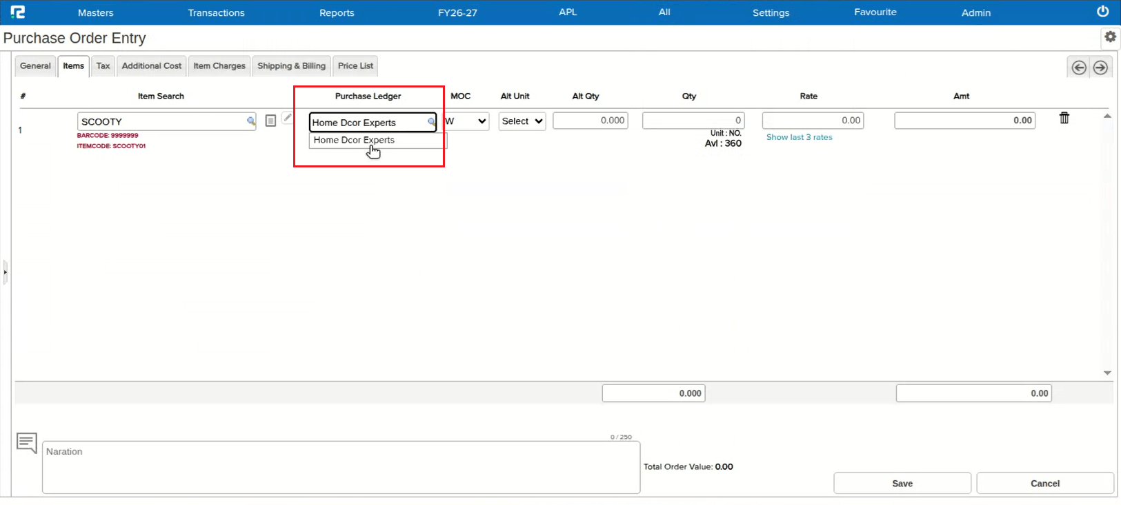 Purchase Order Entry showing the Indirect Expenses ledger now searchable in the Purchase Ledger field