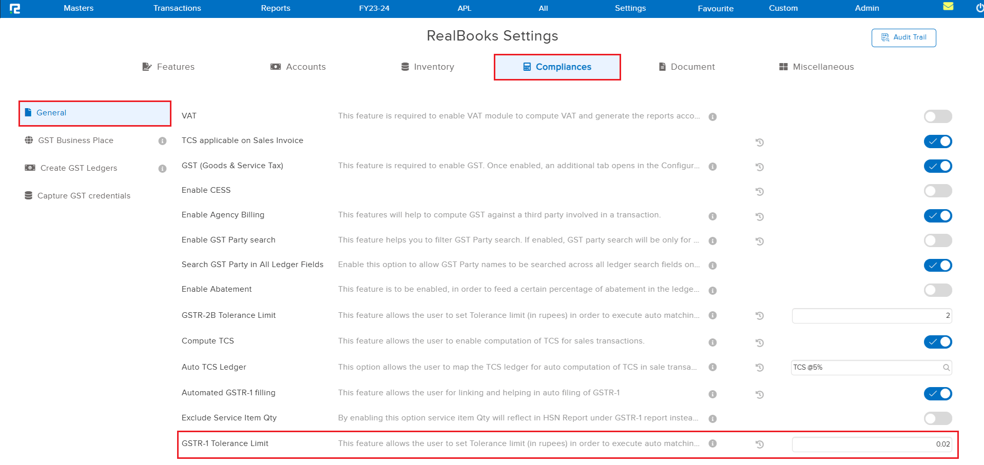 RealBooks Settings Compliances General tab showing the new GSTR-1 Tolerance Limit field set to 0.02, next to the existing GSTR-2B Tolerance Limit