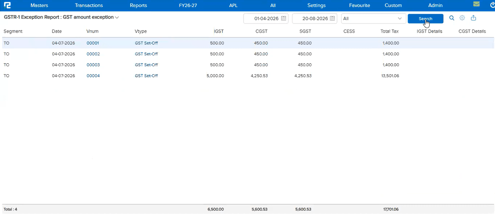 GSTR-1 Exception Report GST amount exception showing only genuine exceptions after the tolerance limit is applied