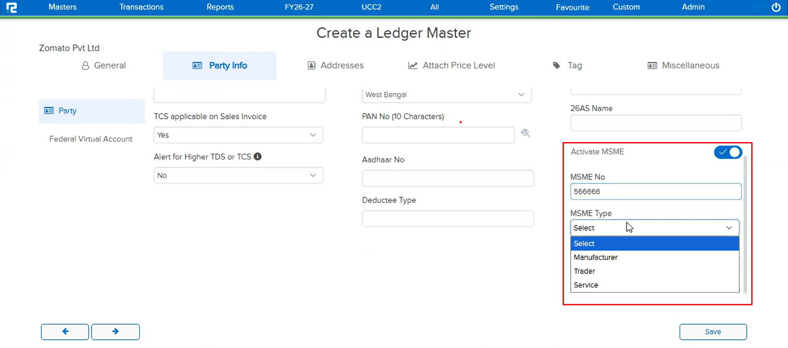 Ledger Master Party Info showing Activate MSME toggle, MSME No. and new MSME Type dropdown with Manufacturer, Trader, Service options