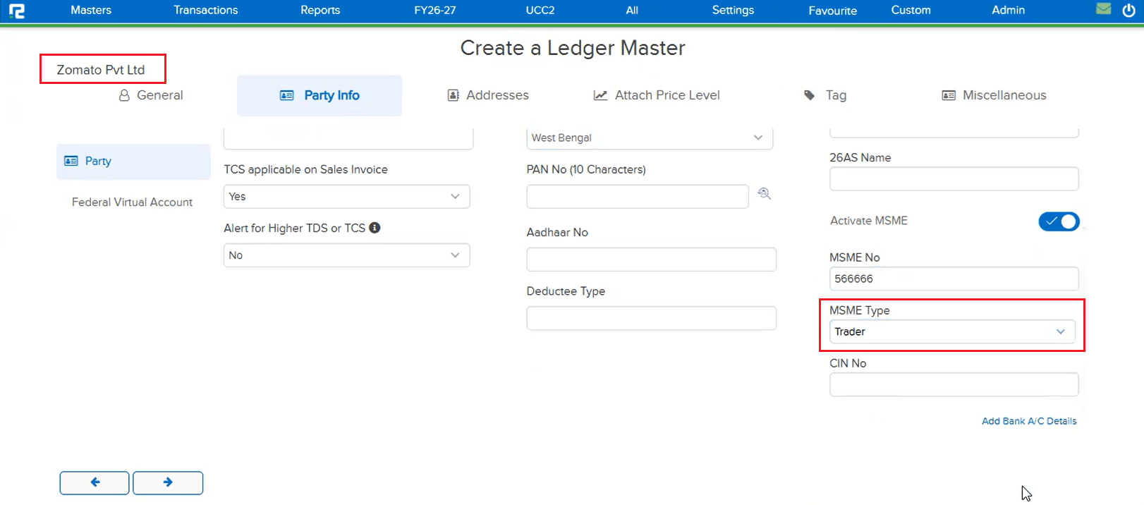 Ledger Master with MSME Type field set to Trader