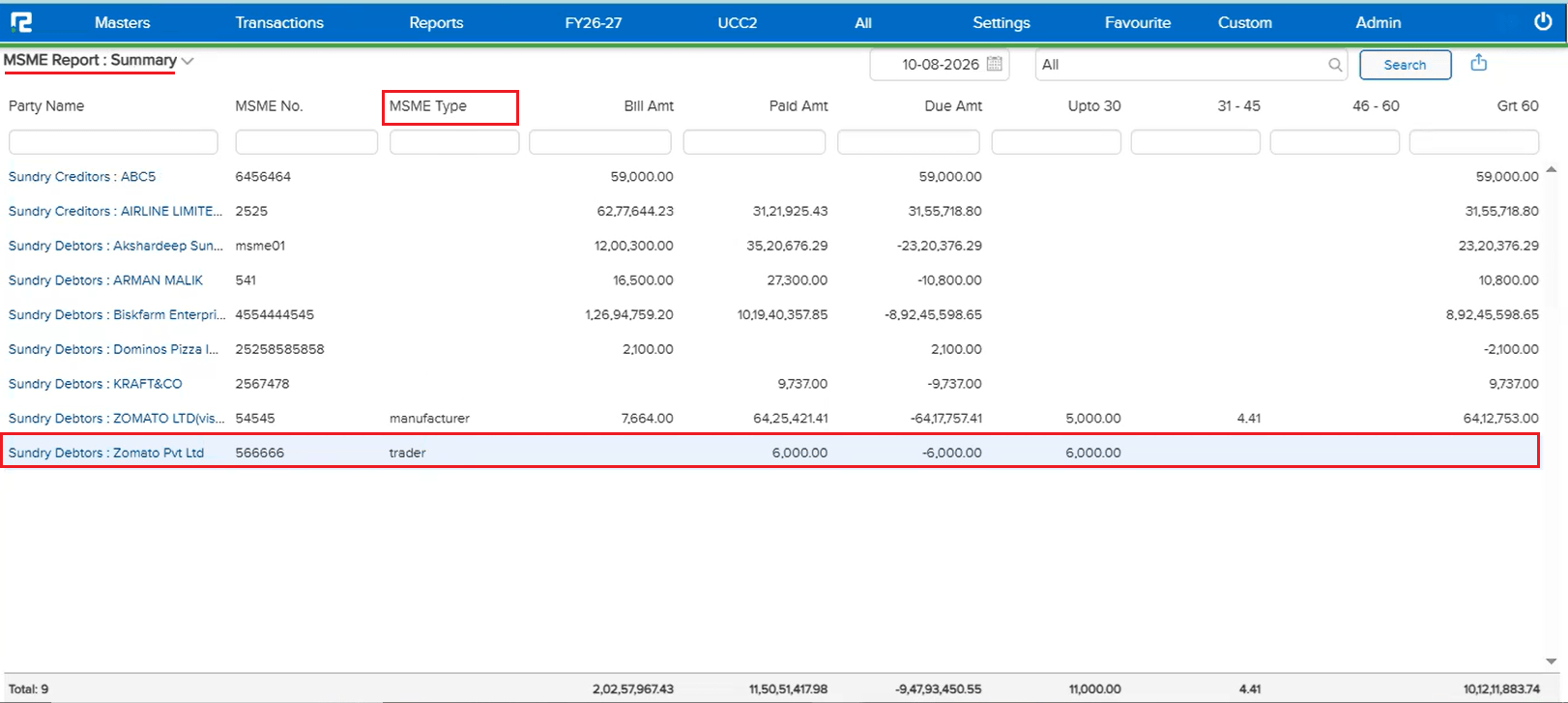 MSME Report Summary showing new MSME Type column with values like manufacturer and trader