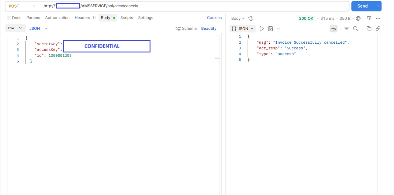 Voucher Cancellation API POST request returning Invoice Successfully cancelled success response