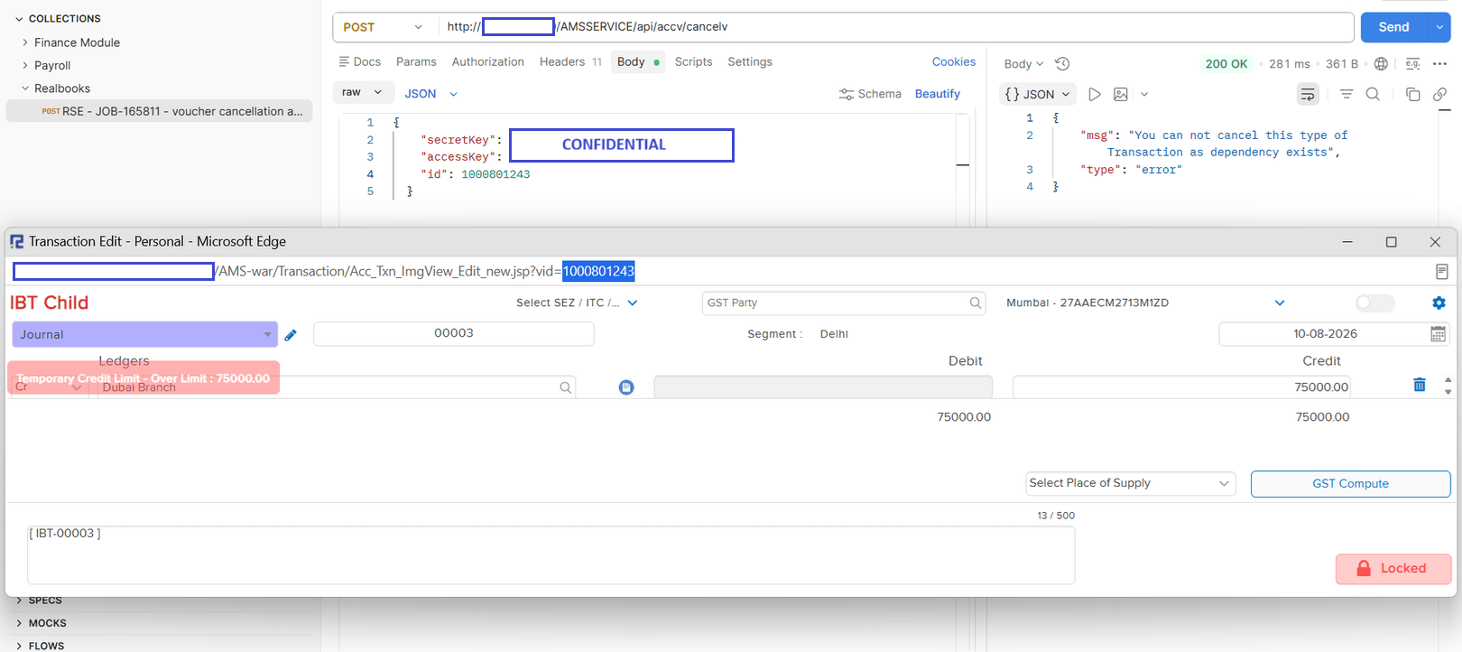 Voucher Cancellation API returning an error response because a dependent linked transaction exists
