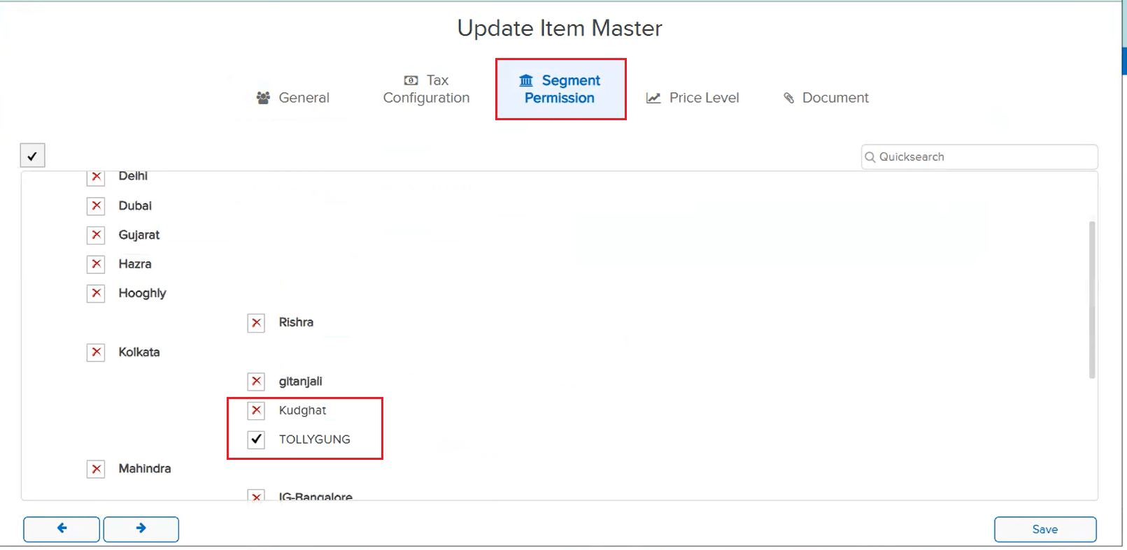Update Item Master Segment Permission tab showing TOLLYGUNG checked and Kudghat unchecked for the item