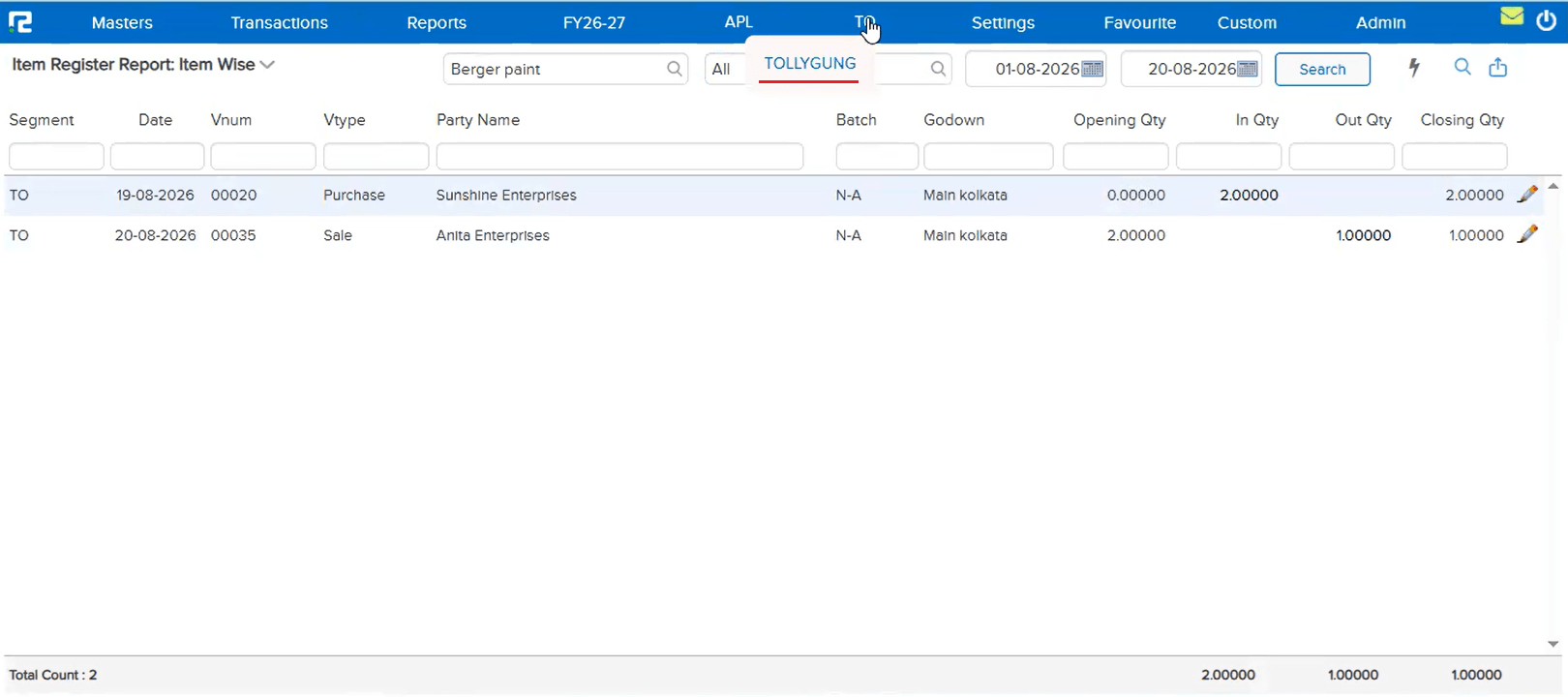 Item Register Report Item Wise showing 2 transactions for Berger paint when TOLLYGUNG segment is selected