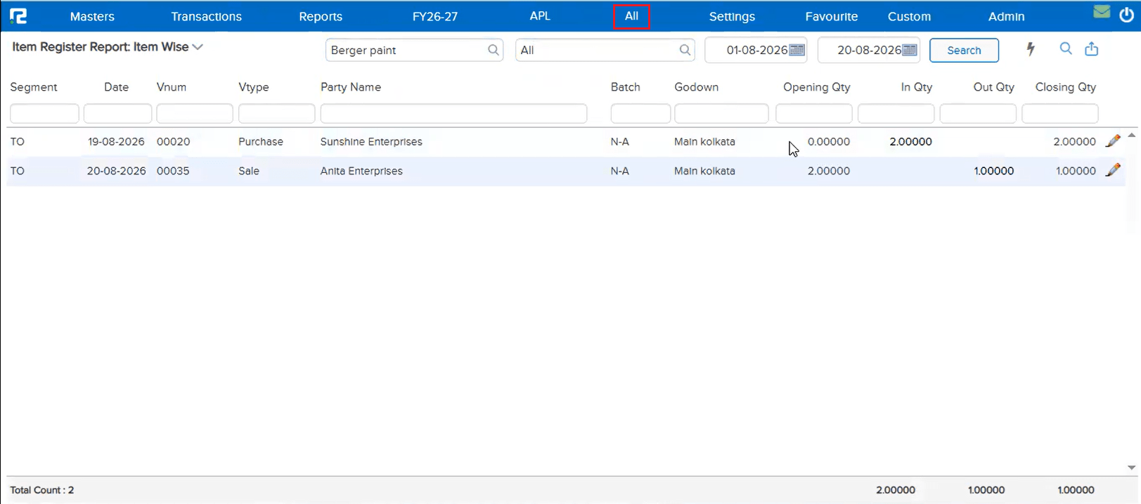Item Register Report Item Wise showing the same 2 transactions for Berger paint when All segments is selected