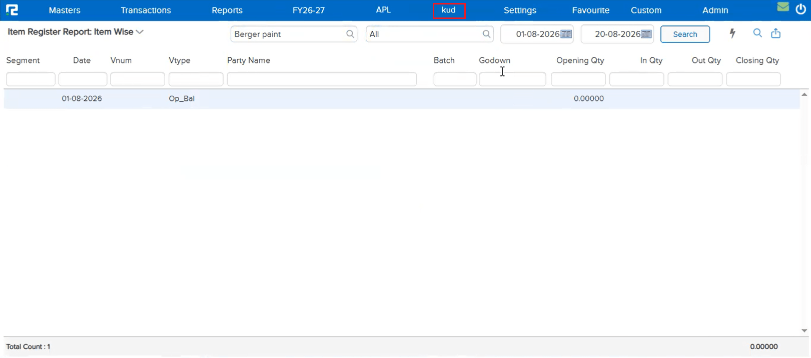 Item Register Report Item Wise showing no transaction rows for Berger paint when the Kudghat segment, where the item has no transactions, is selected