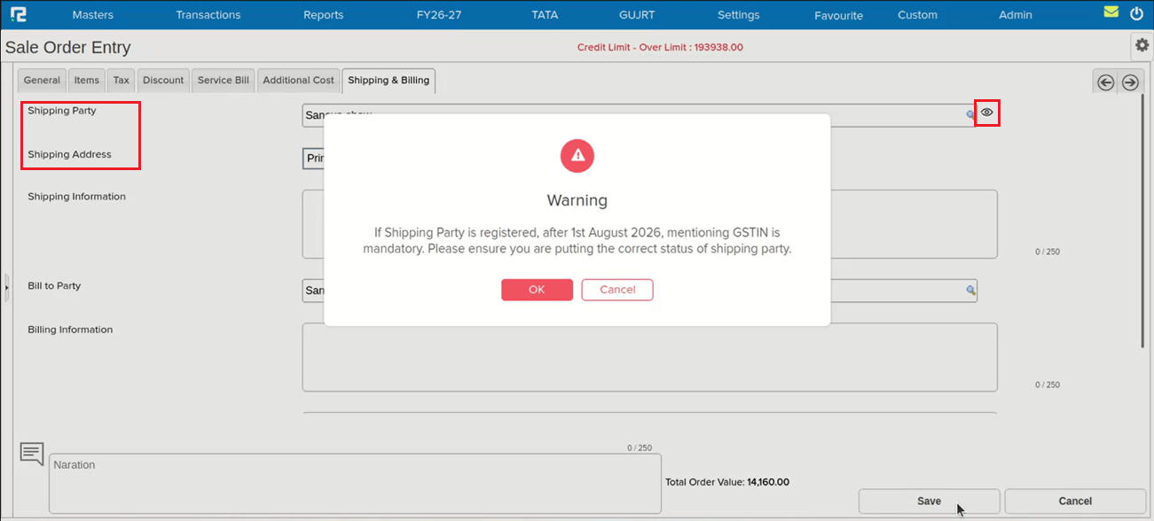 Sales Order showing unregistered shipping party alert and GST status in the eye icon