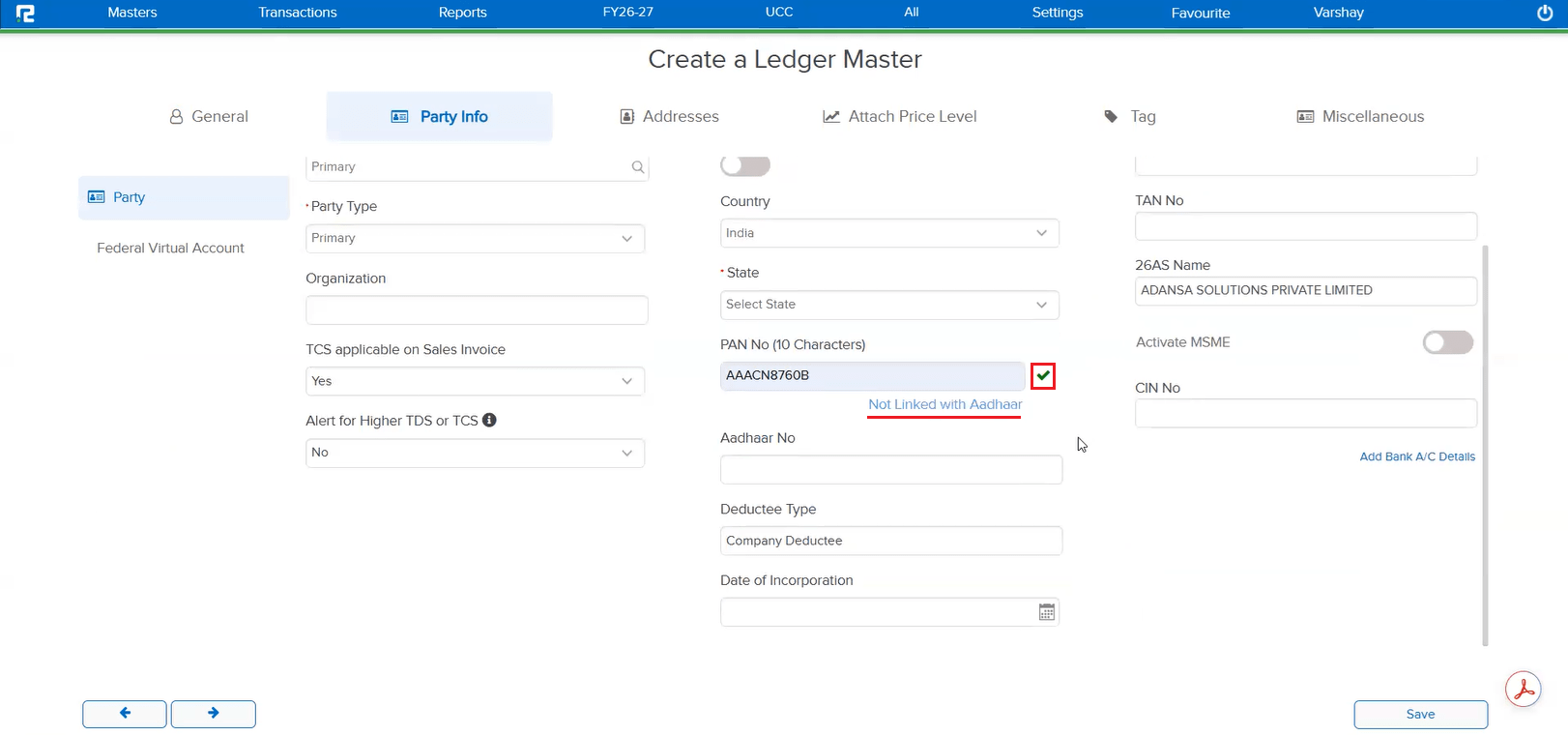 Ledger Master Party Info screen showing verified PAN with Not Linked with Aadhaar status